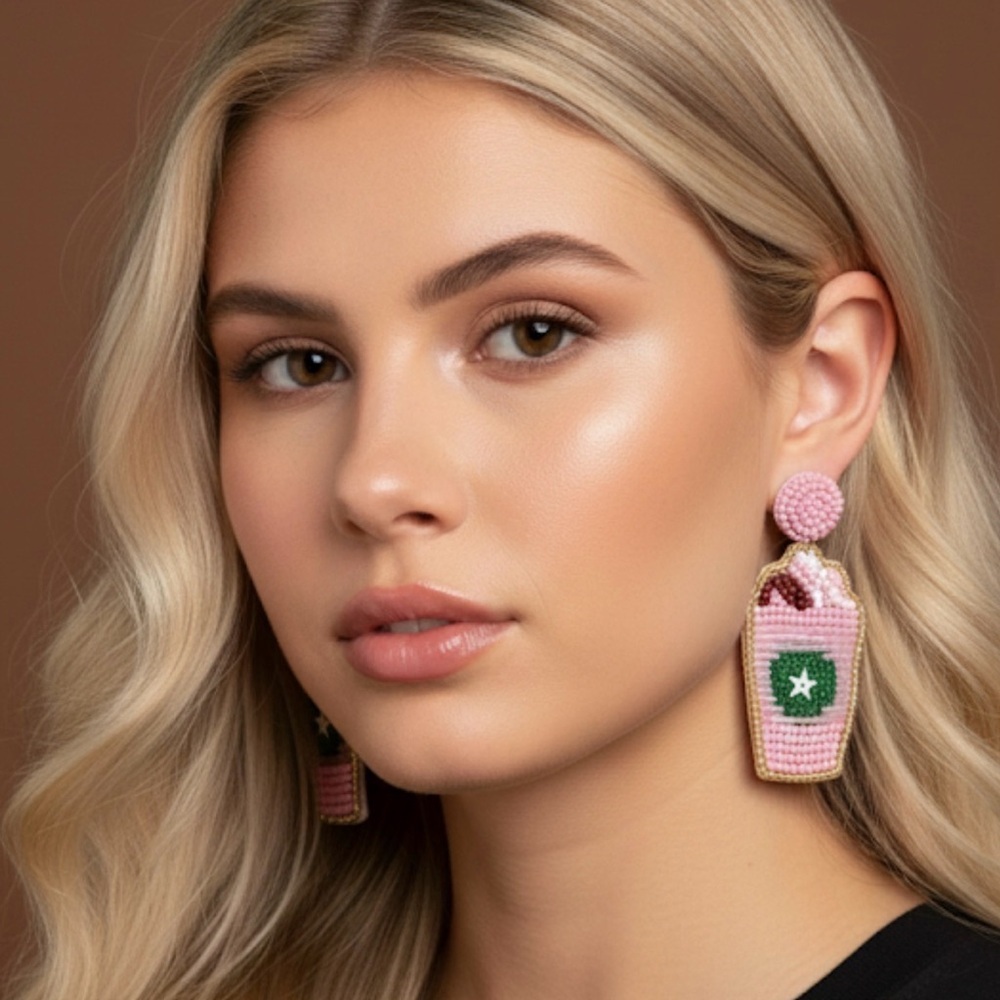 3/$22🩶 Pink Frappuccino Drink Earrings Coffee Beaded Jewelry Gift Cute NEW